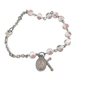Vintage Floral Bead Rosary Bracelet With Cross & Medal Charm